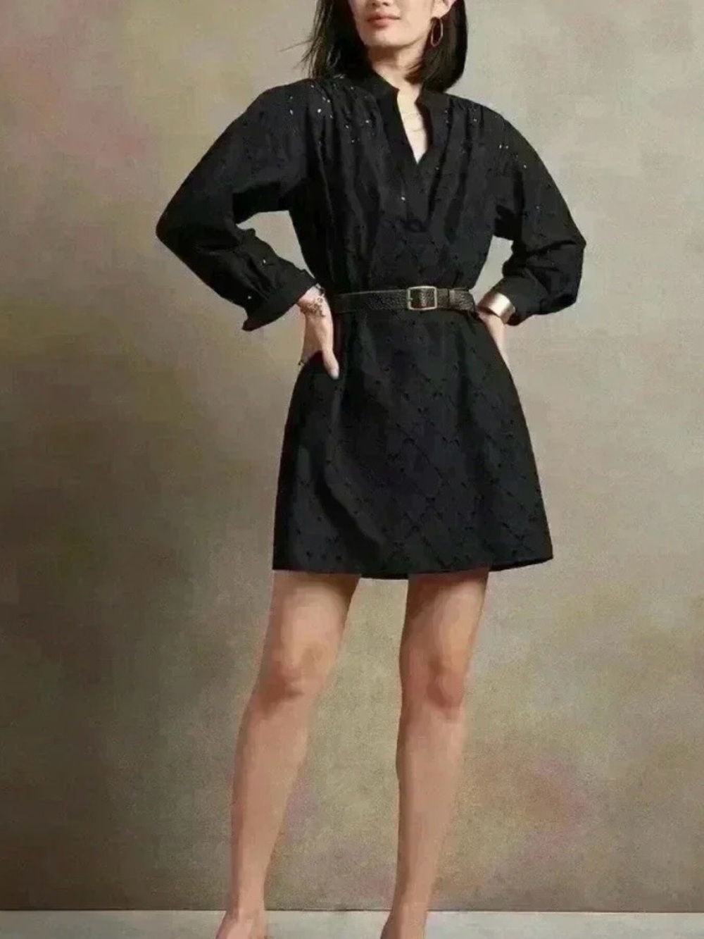 Banana Republic Factory Black Eyelet Belted Mini Dress Size Large NWT